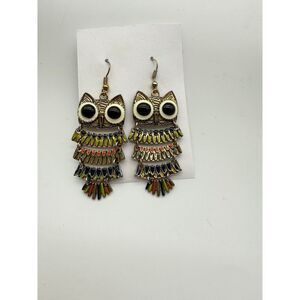 Vintage Owl Dangle  brass And Enameled